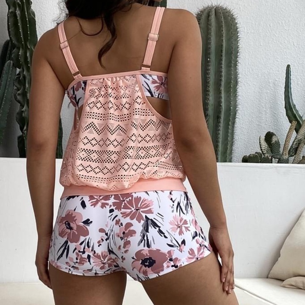 Pink Flower Print Mesh Tankini Set - Picture 3 of 14